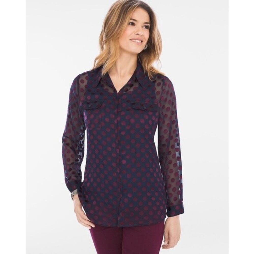 CHICOS | Womens Luxe Dot-Print Shirt Size Large Sheer Disco Long Sleeve Blouse